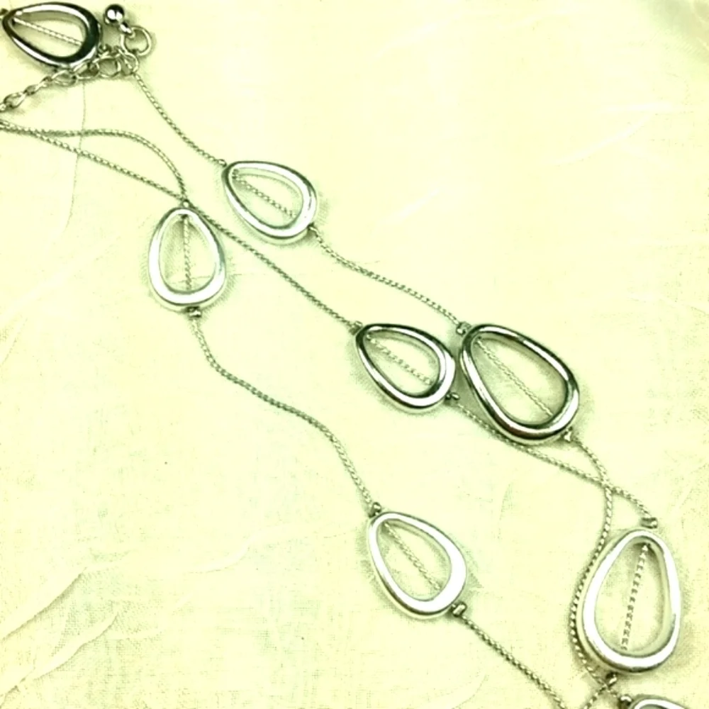 Trifari Necklace triple multi strand silver tone with random odd shaped oval
